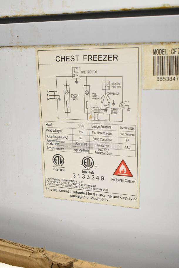2024 Coldline CF76 commercial chest freezer, metal, 2 hinge lids, 115V, ETL certified, model and specs label shown.