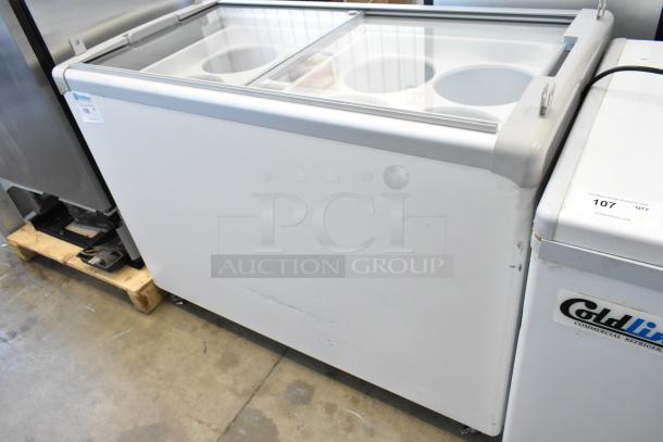 2024 Excellence EDC-8HC Metal Commercial Chest Freezer Merchandiser on casters, 115V, sliding glass lid, used condition.