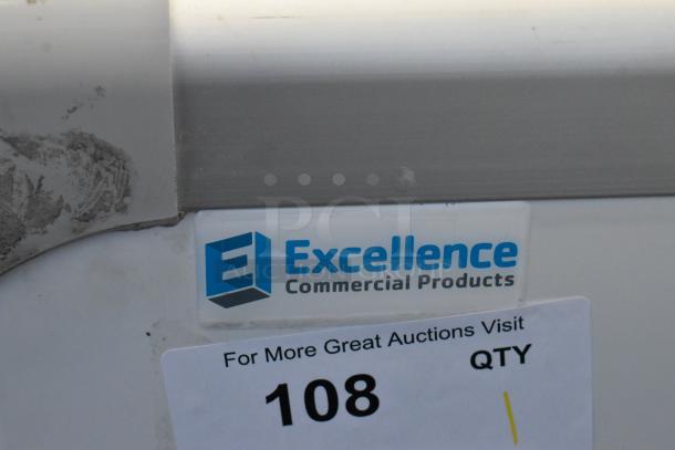 2024 Excellence EDC-8HC metal commercial chest freezer merchandiser on casters. Features Excellence logo, model, and auction label.