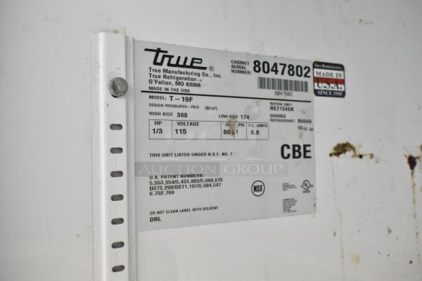 True T-19F stainless steel freezer label, 115V, 1 phase, model T-19F, NSF listed, made in USA. Showing specs and patent info.