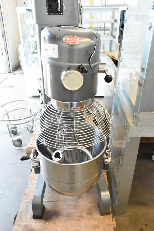 Avantco MX40H 40 Qt dough mixer with stainless steel bowl, bowl guard, dough hook, paddle, whisk. 240V, 1 Phase.