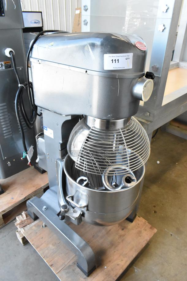 Avantco MX40H floor mixer, 40-quart capacity, stainless steel bowl, bowl guard, dough hook, paddle, whisk, 240V, 1-phase.