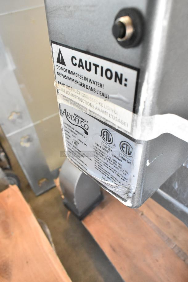 Avantco MX40H metal commercial dough mixer label, showing safety warnings and certification details. 40 qt capacity, 240V.