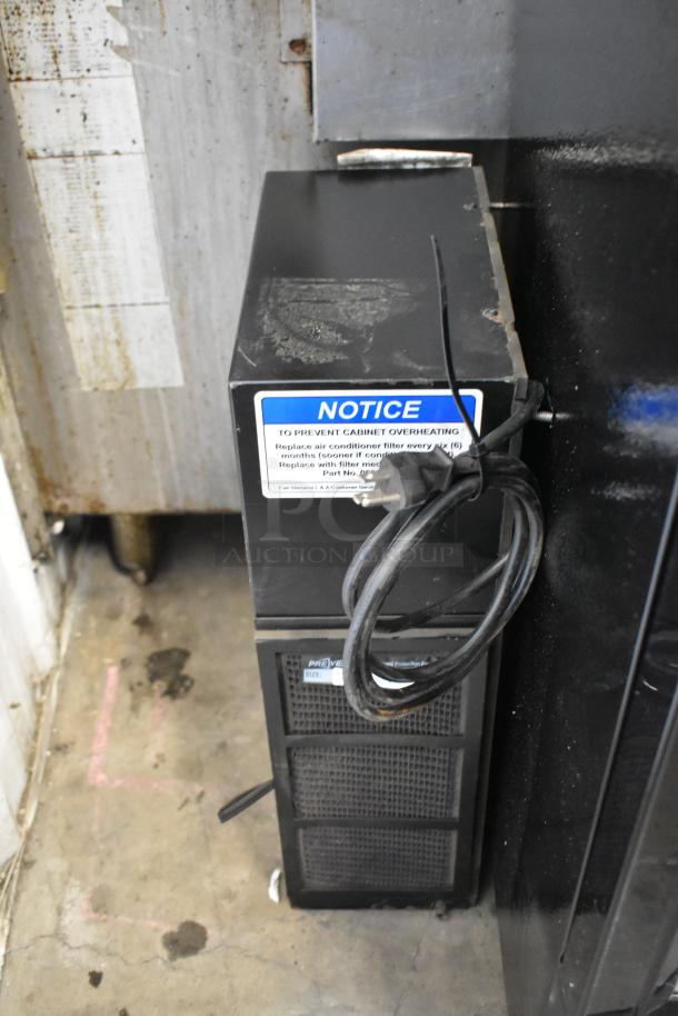 2 Ice Qube IQ1800VS air conditioners; vertical slimline design, 120 volts, 1 phase, with notice for filter maintenance.