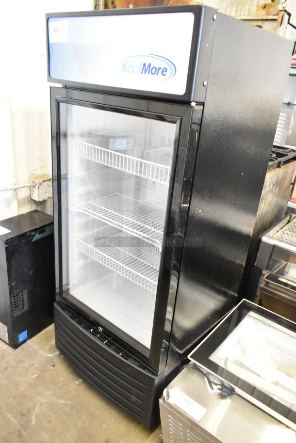 BRAND NEW KoolMore KM-MDR-1D-6C metal reach-in cooler with glass door, poly-coated racks, on casters, 115V, minor scratches.