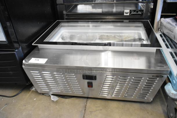KoolMore KM-CGD-8HP stainless steel ice cream display case, 4 pans, glass sneeze guard, minor dent, broken glass, new.