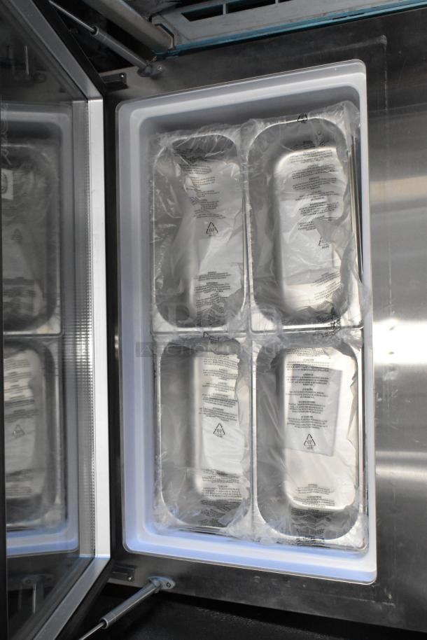 KoolMore KM-CGD-8HP stainless steel ice cream display with four pans, glass sneeze guard, minor scratches, broken glass.