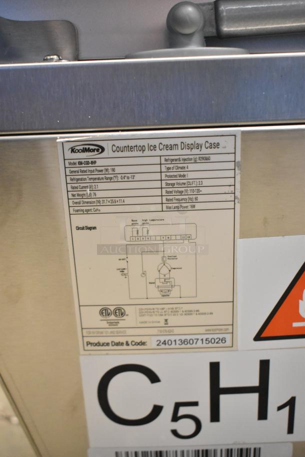 BRAND NEW KoolMore KM-CGD-8HP stainless steel ice cream display case with broken glass. Features 4 pans, glass sneeze guard, 110-120V.