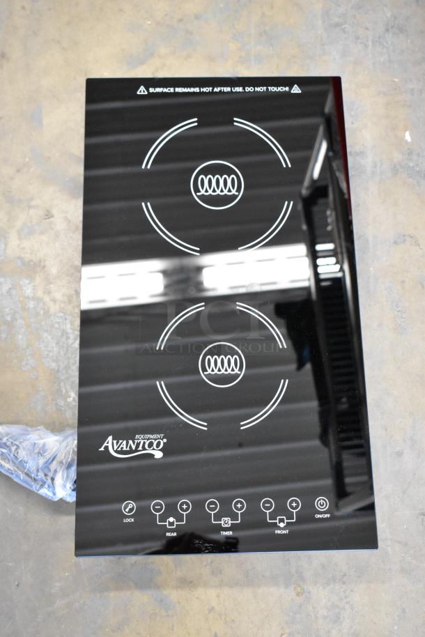 Brand new Avantco 177ID18DB double induction range, black glass surface, controls visible, 208-240V, 1 Phase.