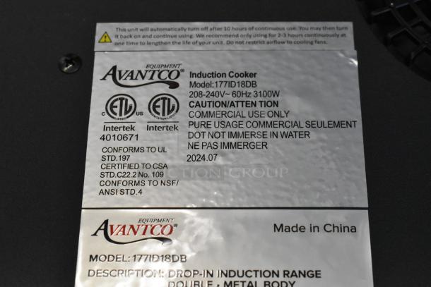 Alt text: "Label on Avantco 177ID18DB double induction range showing model, voltage, certification marks, and usage warnings."