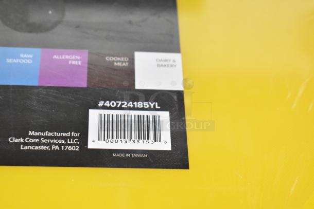 Yellow polyethylene cutting board, 24"x18"x1/2", #40724185YL, manufactured for Clark Core Services. Made in Taiwan.
