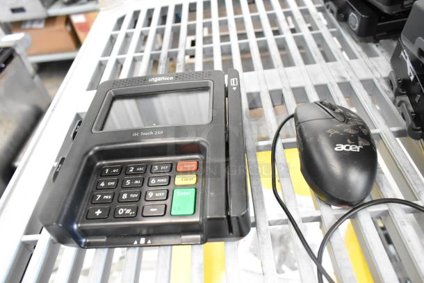 Ingenico iSC Touch 250 credit card reader and Acer computer mouse, used condition, part of an 8-item lot auction.
