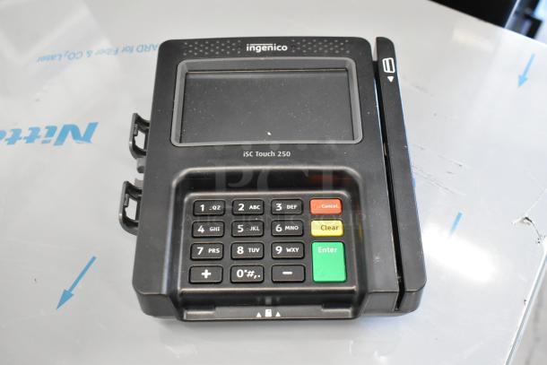 Ingenico iSC Touch 250 credit card reader, touchscreen, keypad, multiple color-coded buttons; good condition.