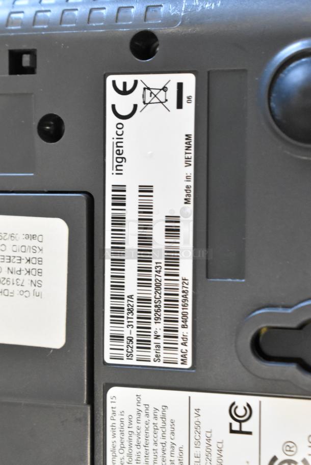 Ingenico iSC Touch 250 credit card reader, serial 19268SC20027A31, visible CE and FCC markings, made in Vietnam.