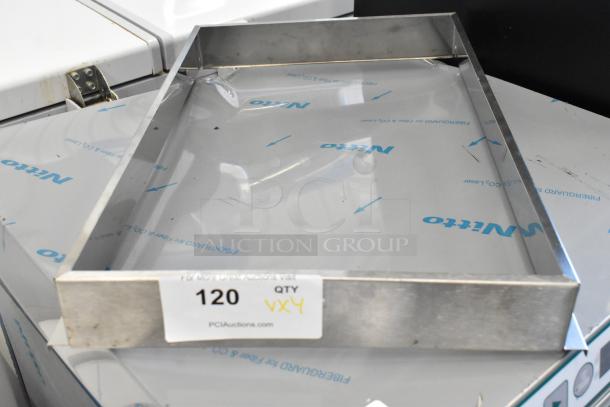 Four stainless steel drop-in bins, rectangular, flat-pack, new condition, labeled "QTY x4," from PCI Auctions.