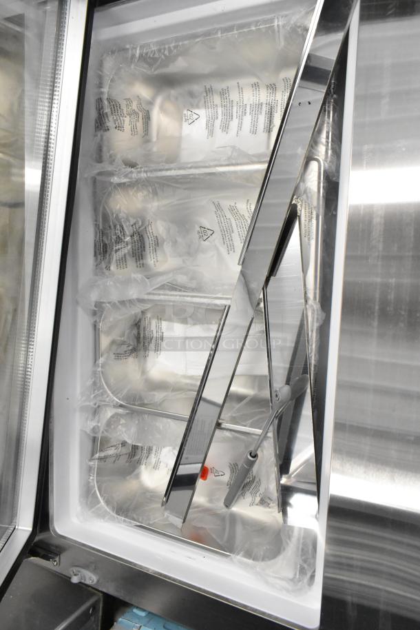 KoolMore KM-CGD-8HP stainless steel ice cream display case, 4 pans, glass sneeze guard, broken glass visible, 110-120V.