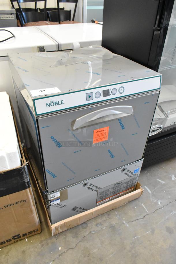 Brand new Noble 495HTUC24 stainless steel high-temp undercounter dishwasher with booster heater, model on sticker, 208/240V, 1 phase.