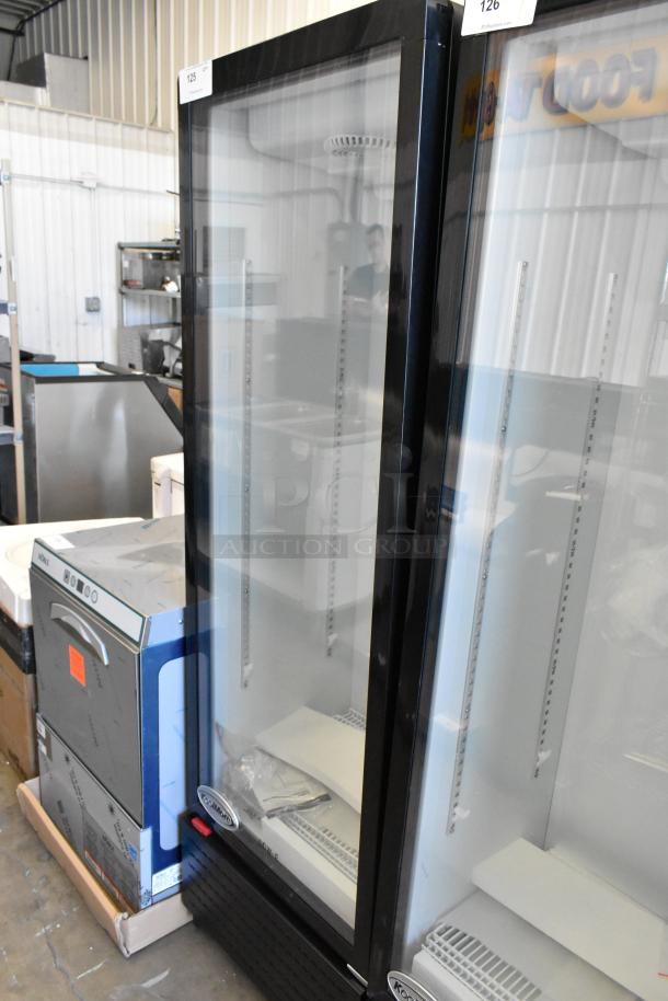 Brand new KoolMore KM-MDR-1GD-10C metal single door reach-in cooler, scratch and dent, with poly-coated racks and casters.