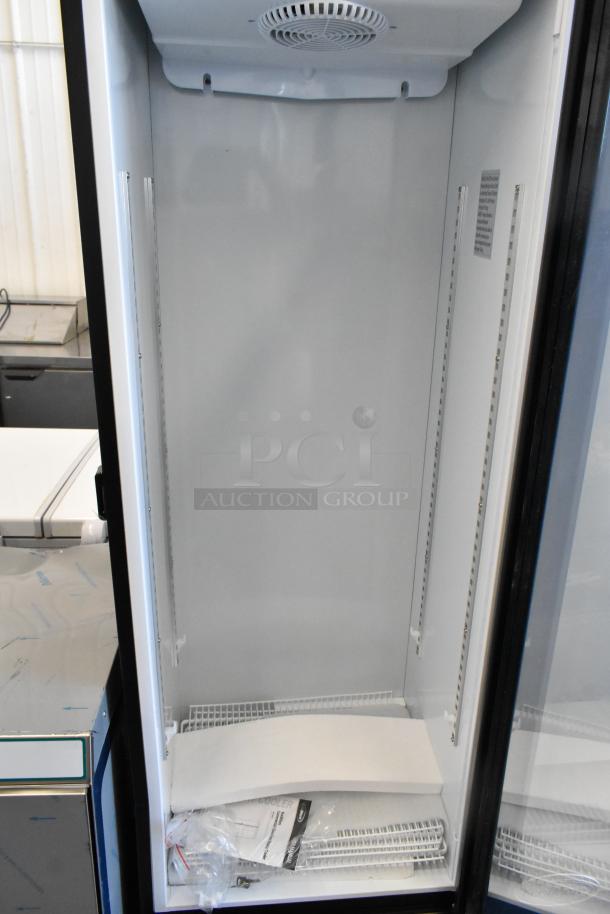 BRAND NEW KoolMore KM-MDR-1GD-10C merchandiser cooler, single door, poly-coated racks, commercial casters, 115V, 1 phase, scratch and dent condition.