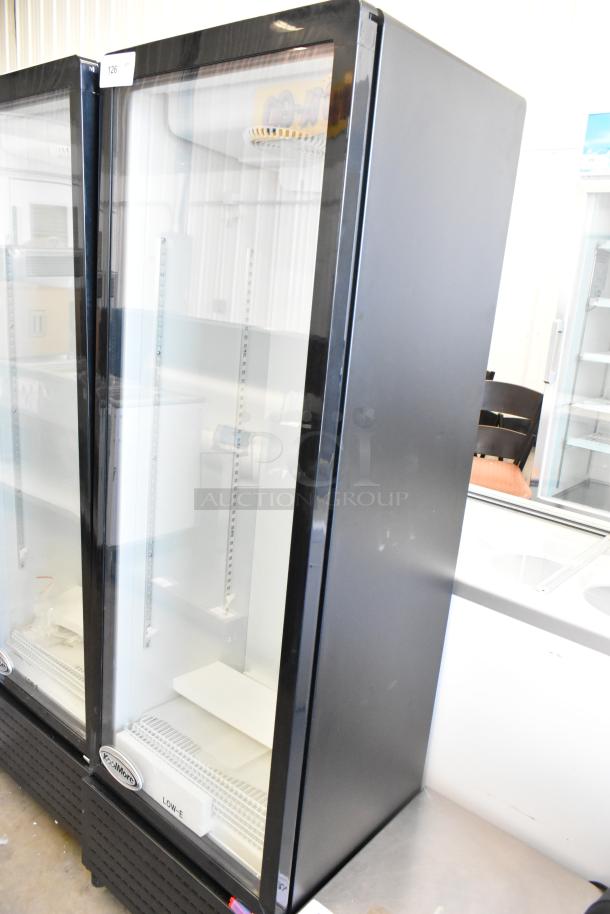 Brand new KoolMore KM-MDR-1GD-10C cooler merchandiser, single glass door, poly-coated racks, commercial casters.