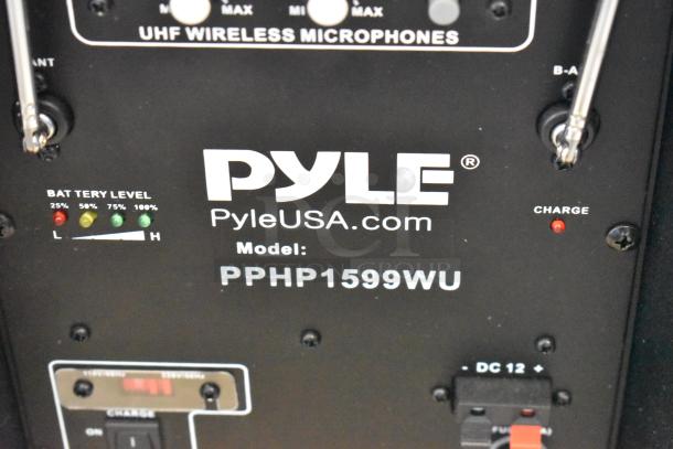 Pyle speaker model PPHP1599WU, showing battery level indicators and charging port on control panel.