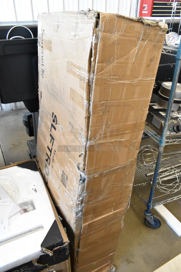 BRAND NEW SereneLife SLFTRD25 Smart Treadmill in damaged box; digital manual incline, visible package dents.