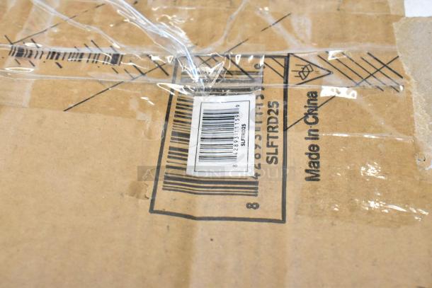 Brand new SereneLife SLFTRD25 treadmill in box, visible barcode and "Made in China" marking. Scratch and dent condition.