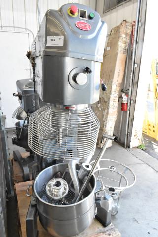 BRAND NEW SCRATCH AND DENT! Avantco 177MX60H Metal Commercial Floor Style 60 Quart Dough Mixer w/ Stainless Steel Mixing Bowl, Bowl Guard, Bowl Dolly, Dough Hook, Paddle and Whisk Attachments. 240 Volts, 3 Phase. - Item #1199410