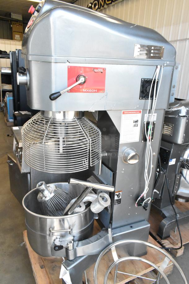 Avantco 177MX60H 60 Qt metal commercial dough mixer, bowl, guard, dolly, attachments; 240V, 3-phase, scratch and dent.