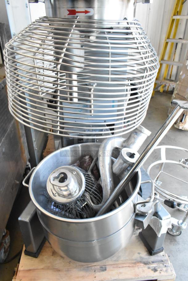 Brand new Avantco 177MX60H 60 Qt dough mixer with stainless steel bowl, guard, dolly, dough hook, paddle, whisk. 240V, 3-phase.