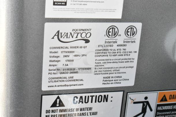 Avantco 177MX60H label showing model, voltage, and certification details for 60 qt commercial dough mixer.