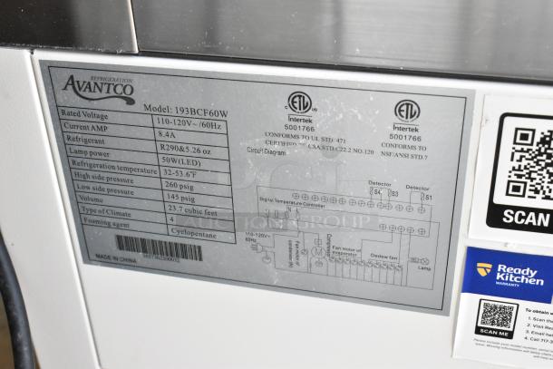 Avantco 193BCF60W bakery display case label showing specifications: 110-120V, 8.4A, R290 refrigerant, 23.7 cu. ft., NSF certified.