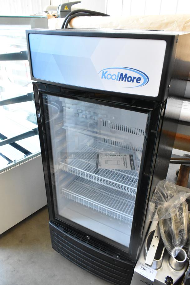 Brand new KoolMore KM-MDR-1D-6C single door cooler, poly coated racks, on casters. Scratch and dent. 115V, 1 phase.