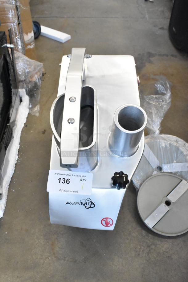 Brand new AvaMix 177CFP5D metal commercial countertop food processor, 120 volts, 1 phase, scratch and dent condition, shown with components.