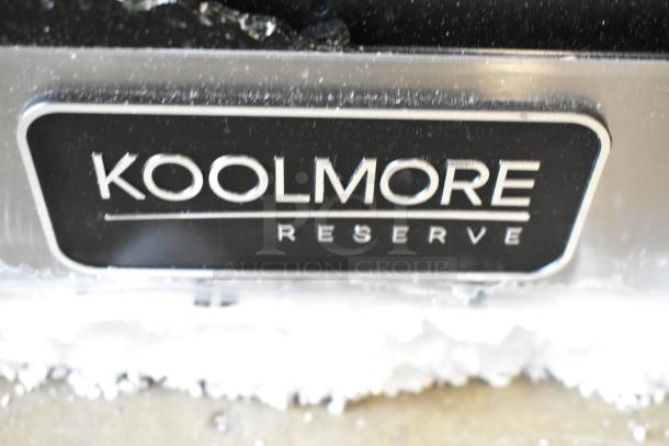 KoolMore KM-CWO24-AFSS speed oven nameplate. Visible KoolMore Reserve label. See listing for glass damage details.