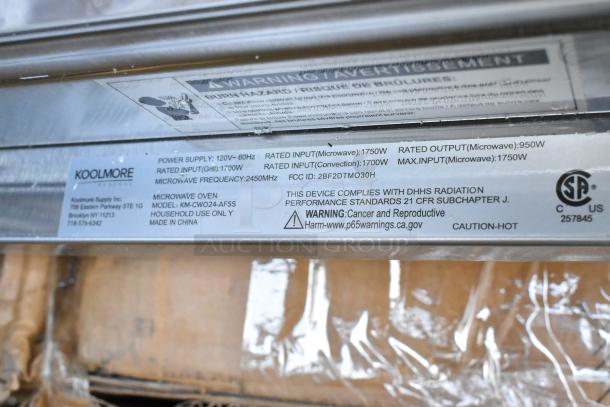 KoolMore KM-CWO24-AFSS 24" Speed Oven Microwave label, 120V, 1 Phase, glass damage, brand new scratch and dent.