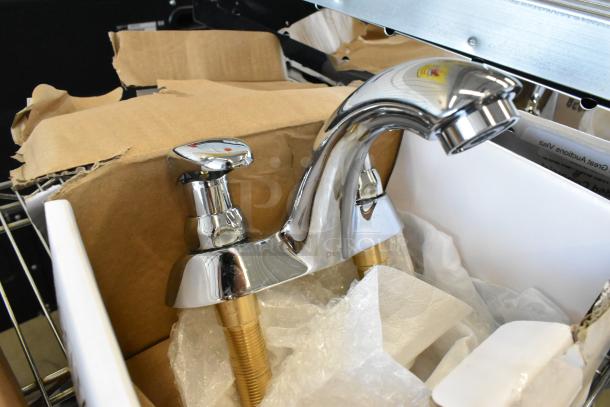 Brand new Delta faucet, chrome finish, in original packaging with visible box damage, labeled "Scratch and Dent."