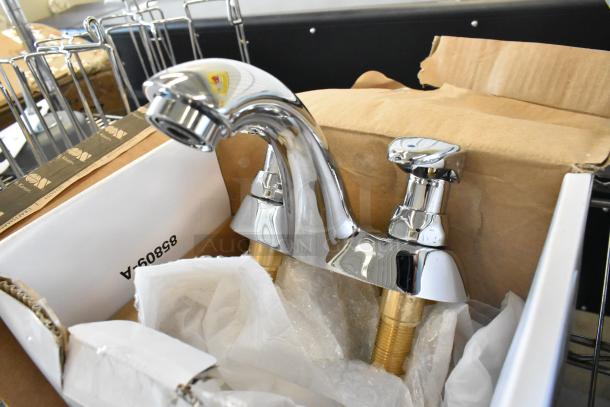 Brand new Delta faucet, polished chrome finish, visible packaging suggests scratch and dent condition, partially unpacked.