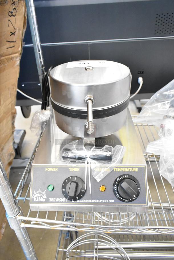 Carnival King 382WSM11 stainless steel single waffle maker, new, with timer, 120V, minor scratches.