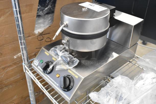 Brand new 2023 Carnival King 382WSM11 stainless steel commercial countertop waffle maker with timer, 120V, scratch and dent.