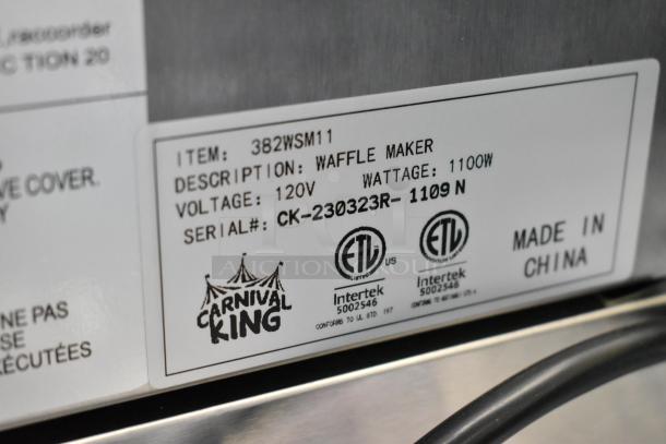 Carnival King 382WSM11 stainless steel waffle maker label showing model, voltage 120V, wattage 1100W, and ETL certification.