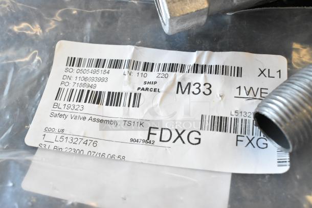 Clear packaging with a label reading "BL19323 Safety Valve Assembly, TS11K", showing barcodes and product details.