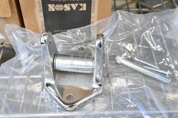 Brand new Kason hinge piece with mounting screws in original packaging. Slight scratch visible. Includes box with Kason branding.