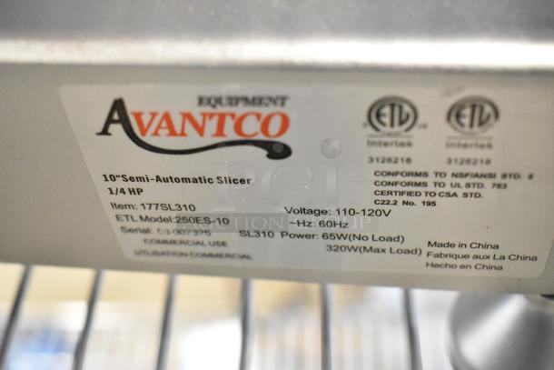Brand new Avantco 177SL310 metal meat slicer with blade sharpener. Scratch and dent condition, 115V, 1 phase.