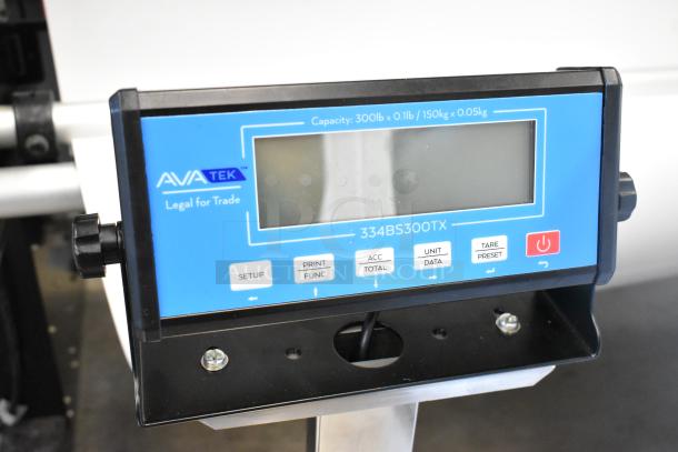 BRAND NEW AvaTek 334BS300TX 300 lb. digital bench scale with tower display, labelled "Legal for Trade."