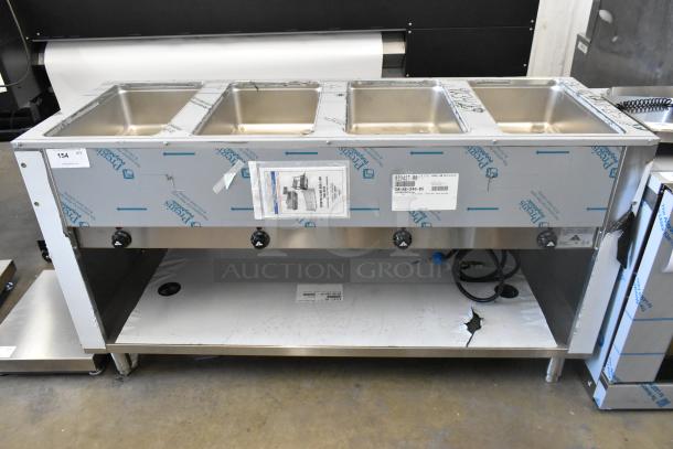 Advance Tabco stainless steel four-pan electric hot food table, model SW-4E-240-BS, with enclosed base, 208/240V, new condition.
