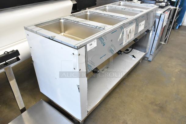 Advance Tabco SW-4E-240-BS stainless steel four pan electric hot food table, brand new, with scratch and dent, enclosed base.