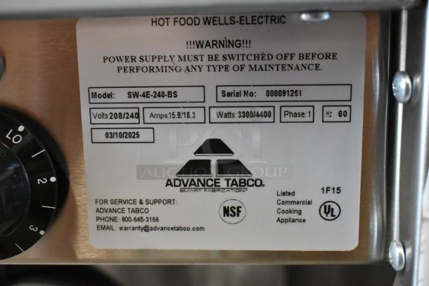BRAND NEW 2025 Advance Tabco SW-4E-240-BS stainless steel hot food table, 4 pan, 208/240V, 1 Phase, with enclosed base.