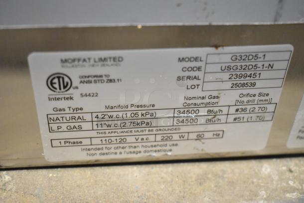 Moffat Turbofan G32D5-1 stainless steel convection oven label showing model, gas type, and specifications. 34,500 BTU.