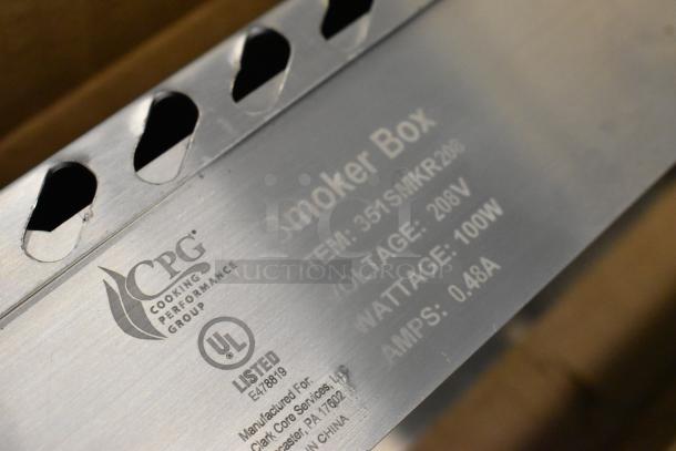 Cooking Performance Group 351SMKR208 stainless steel smoker box, 208V, 100W, UL listed, new condition, branding visible.